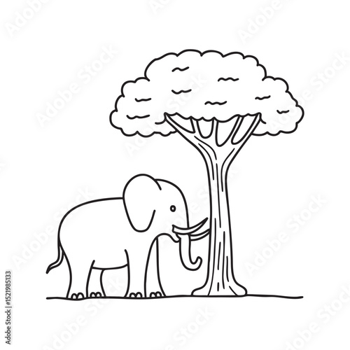 An elephant standing beneath a tall tree with tusks