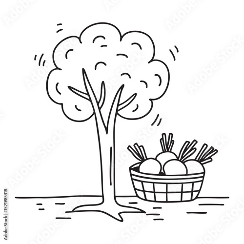 Turnips resting near a harvest basket under a tree