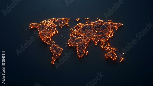 The image contains an illuminated world map formed by interconnected nodes and lines, creating a network effect against a dark background.