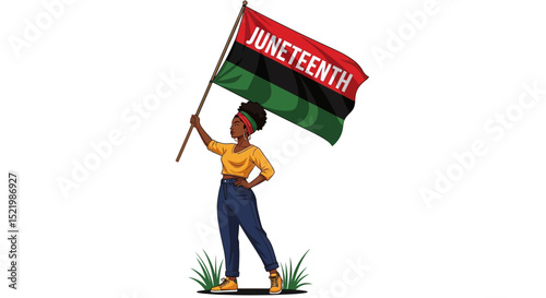 Confident Black Woman Holding Juneteenth Flag – Afrocentric Empowerment and Freedom Celebration Illustration