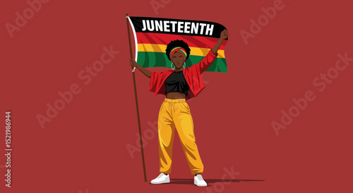 Confident Black Woman Holding Juneteenth Flag – Afrocentric Empowerment and Freedom Celebration Illustration