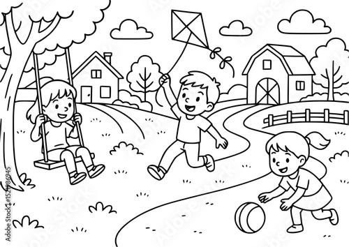 children playing together in the park coloring page