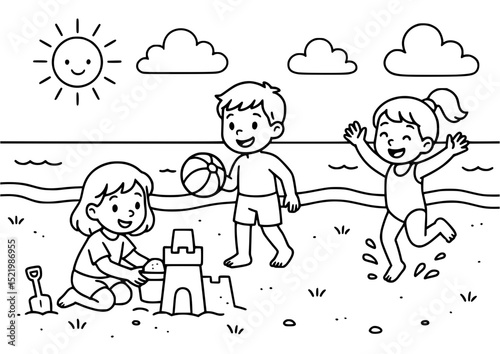 Children playing in the beach coloring page