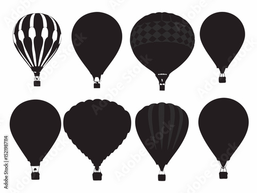 Collection of eight black and white hot air balloon silhouettes with varying designs and basket details