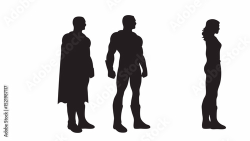 Three superhero silhouettes standing side by side against a white background in a simple graphic