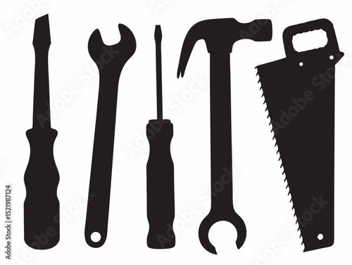 Silhouette image showcasing an assortment of hand tools including screwdrivers wrench hammer and saw