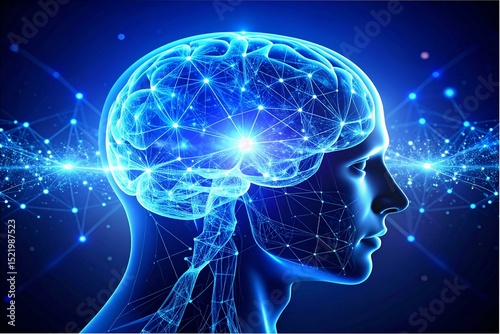 Neural lace interface glowing within translucent cranium, emitting holographic data streams merging with starfield consciousness.  
