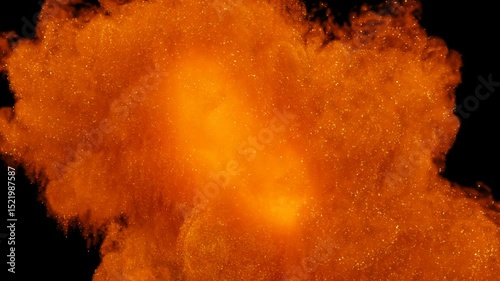 abstract, dynamic explosion of vibrant orange particles. It features a fiery, glowing cloud of dust or powder, showcasing motion and an effect against a dark background. 3D render