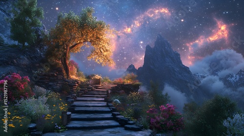 Fototapeta Naklejka Na Ścianę i Meble -  A secluded mountaintop garden floating among the stars