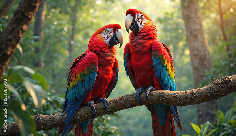 Obraz premium Two vibrant macaws perched on a branch in a lush forest.
