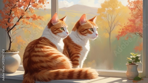 Two furry orange striped cats sit peacefully by the window and look outside.  