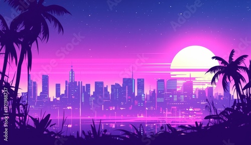 Vibrant Sunset Over City Skyline with Silhouetted Palm Trees