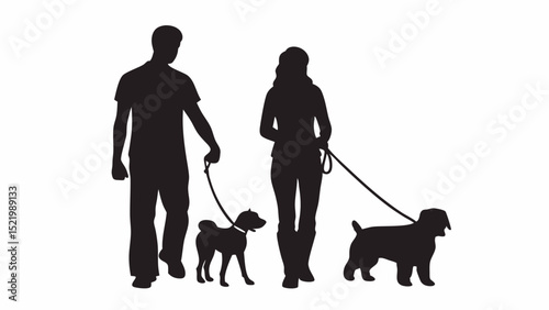Silhouettes of a man and a woman walking their dogs on leashes in a simple black and white image