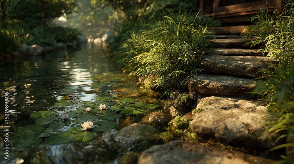 Obraz premium Sunlit forest path through mossy rocks