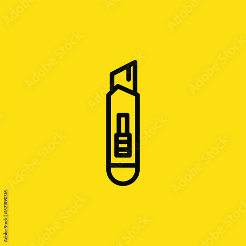 A black and white icon of a box cutter is displayed against a solid yellow backdrop and used for opening boxes.