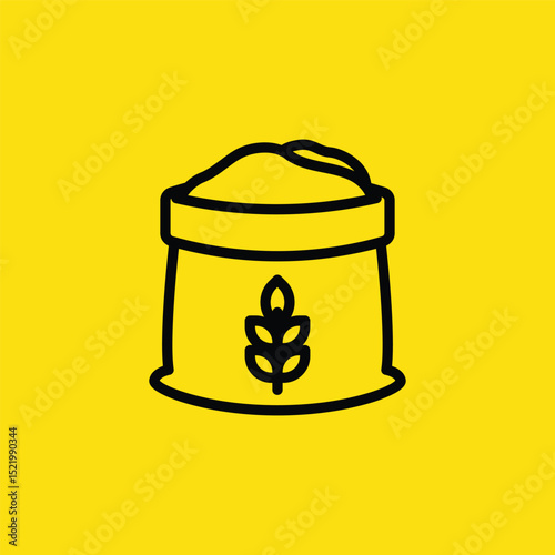 An illustration of a bag of grain with a wheat stalk symbol against a yellow background can be used to represent farming or food.