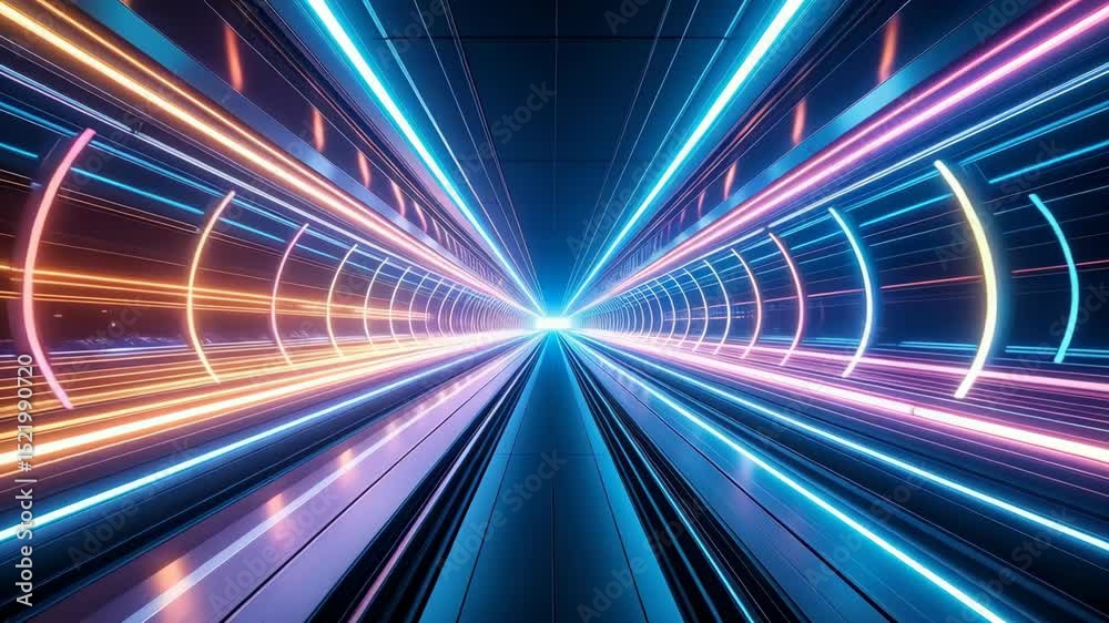 Abstract futuristic speed tunnel with glowing neon light trails converging towards a bright light at the end, creating an illusion of motion