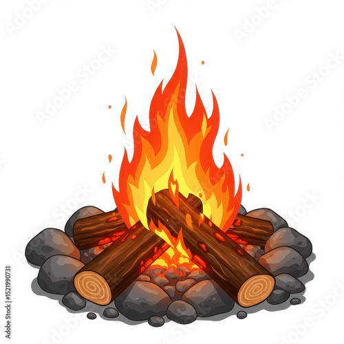 Cartoon illustration of a campfire with logs and rocks on a white background