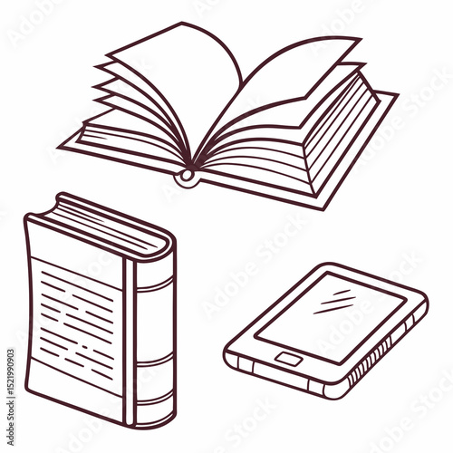 Illustration depicting an open book closed book and a tablet on a white background in line art style, vector art