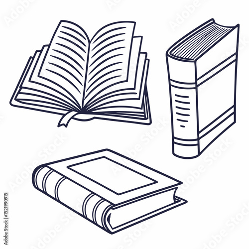 Illustration of three books in different positions with line art on a white background design style, vector art