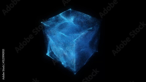 glowing blue particles swirling inside a translucent cube against a black background. Dynamic light effect, scientific visualization, technology concept. Abstract 3D render, 4K loop
