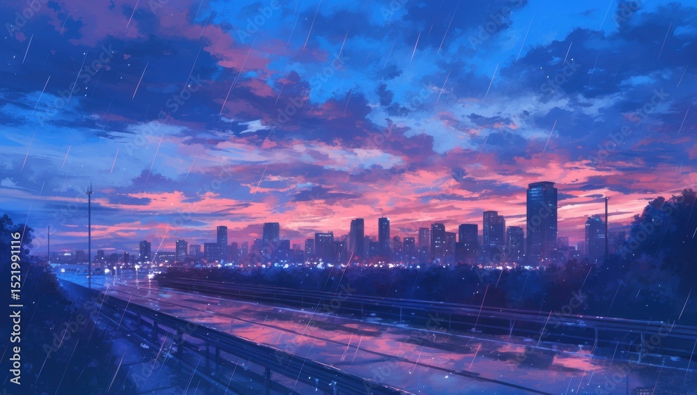 Fototapeta premium Vibrant City Skyline at Dusk with Colorful Clouds and Rain