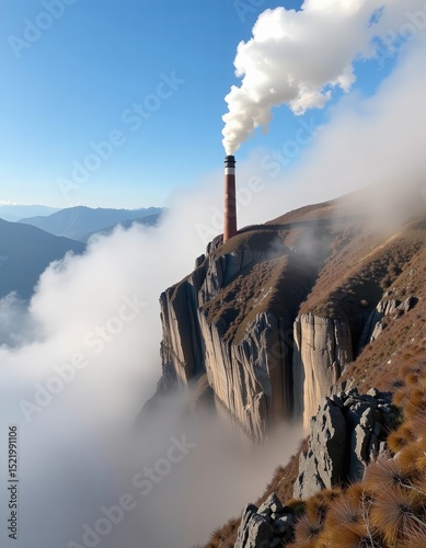 A tall smokestack emits white smoke atop a steep, rocky mountain surrounded by clouds and rugged terrain.