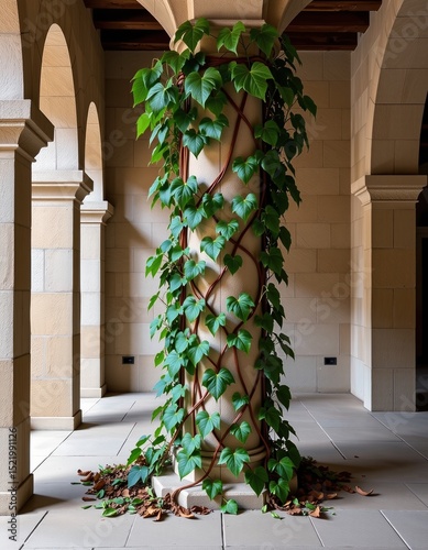 A stone column wrapped in lush green ivy stands in an arched hallway with scattered leaves on the tiled floor.