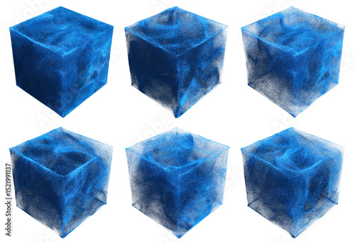 6 Abstract luminous blue swirling particles inside cubes on transparent background, representing data, technology, science, fluid dynamics, or futuristic concepts and systems. 3D render