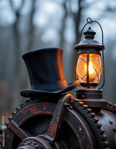 A vintage top hat and lantern rest on old machinery gears, set against a blurred outdoor background.