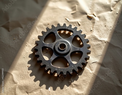 A single metal gear with teeth lies on a crumpled, sunlit surface, casting distinct shadows.