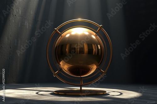 A metallic golden sphere sits on a stand in a dimly lit room, illuminated by dramatic beams of light from above.