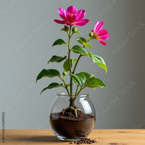 A vibrant pink flower plant grows in a glass bowl with soil, displayed on a wooden surface against a neutral background.