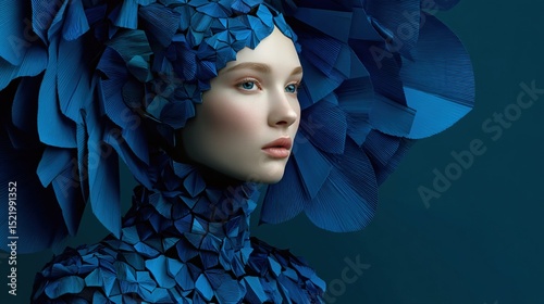 A woman adorned in a striking, deep blue, flower-like headpiece and elaborate bodice