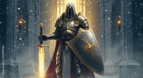 Knight in snowy gateway holds sword