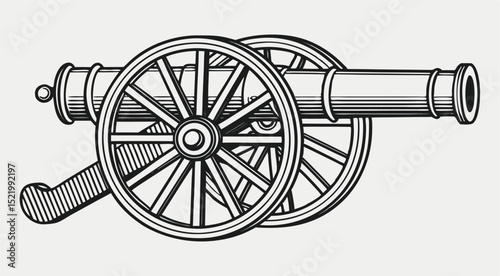 Vintage Engraved Cannon Illustration with Wooden Wheels