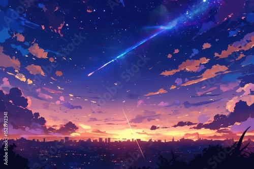 Vibrant Sunset Sky with Falling Star over Cityscape at Dusk