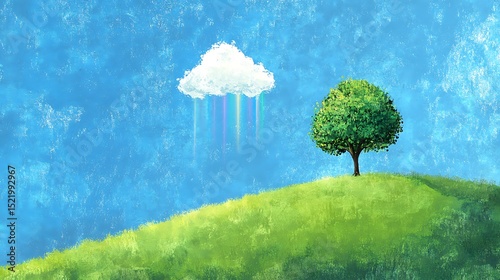 Artistic Landscape Green Hill, Solitary Tree, Blue Sky, Cloud with Rainbow Rays