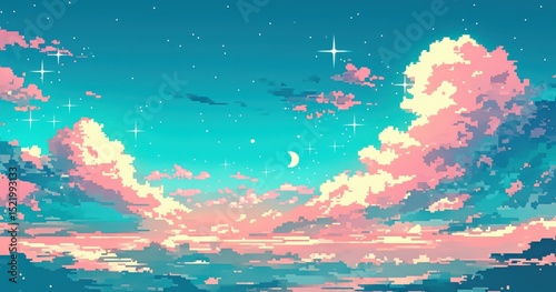 Serene Pixelated Sky with Clouds and Stars at Dusk in Soft Colors