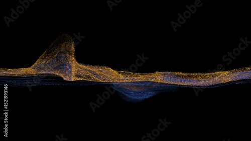 Flowing abstract wave of shimmering gold and blue particles against a black background, creating a dynamic and modern visual effect for technology, science, or artistic projects. 3D render