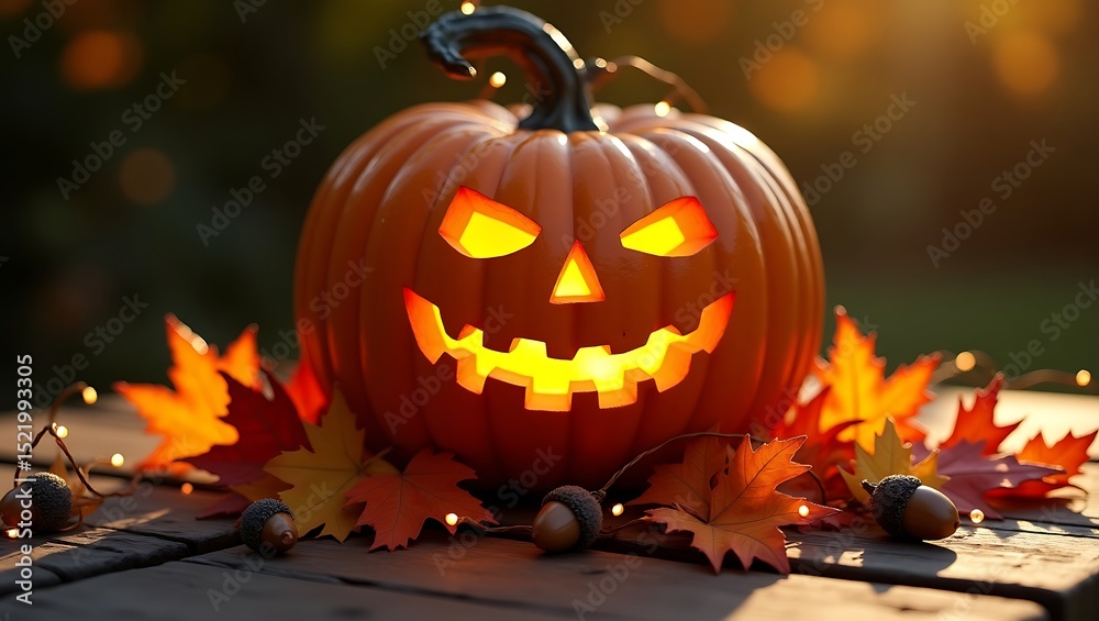 Fototapeta premium Halloween Jack-o'-lantern on a rustic table with fall leaves and acorns and holiday lights.