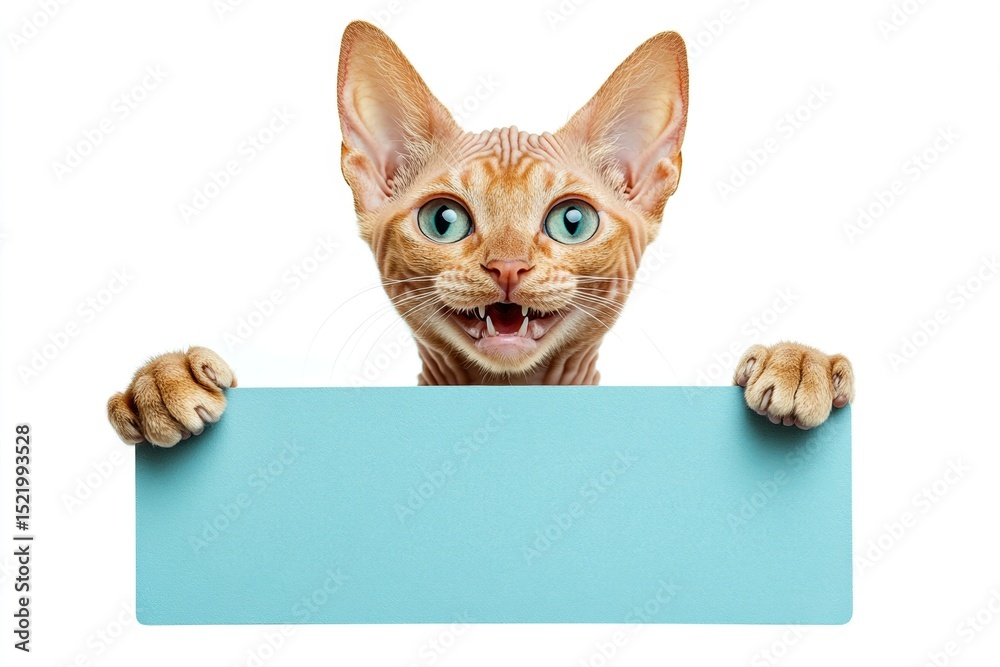 Naklejka premium Studio cutie for sale. Isolated cat on a solid suit pure white background. Сute adult cat cornish rex hold in front paws a layout - large blue boulevard sign. Animal isolated pose.