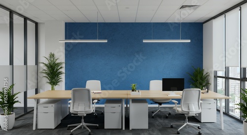 Modern Office Interior Design: Blue Accent Wall,  Light Wood Desks, and Ergonomic Chairs