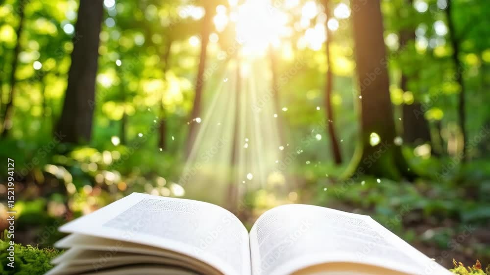 Open book on moss in sunlit green forest, magic or knowledge concept, fairytales, enchanting reading, adventure, imagination, learning