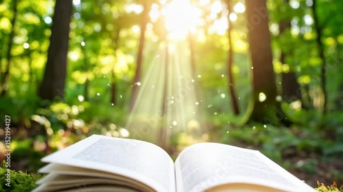 Open book on moss in sunlit green forest, magic or knowledge concept, fairytales, enchanting reading, adventure, imagination, learning