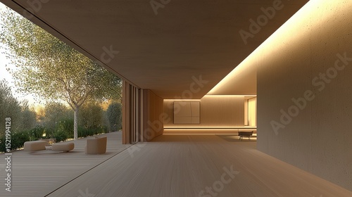 An open plan interior featuring architectural design with landscape views