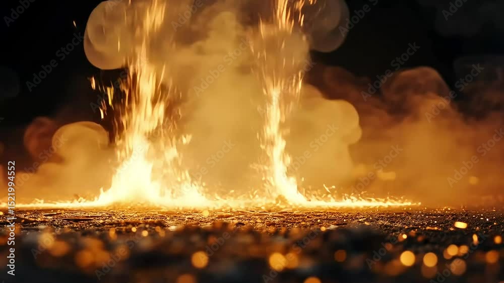 Intense flames and smoke rise from a burning surface at night, sparks glowing in the foreground
