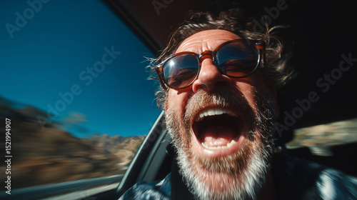 Joyful man with beard and sunglasses is laughing loudly while sitting in car, enjoying sunny day with clear blue sky and blurred landscape outside window