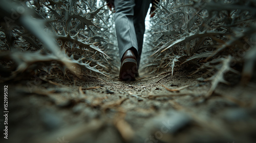 Person walking through narrow path surrounded by sharp, thorny plants, creating tense and cautious atmosphere with focus on shoe sole and dry ground
