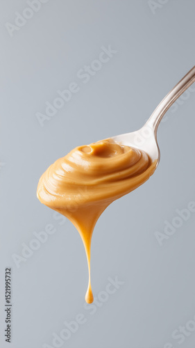 Creamy peanut butter dripping from spoon with smooth texture and rich color